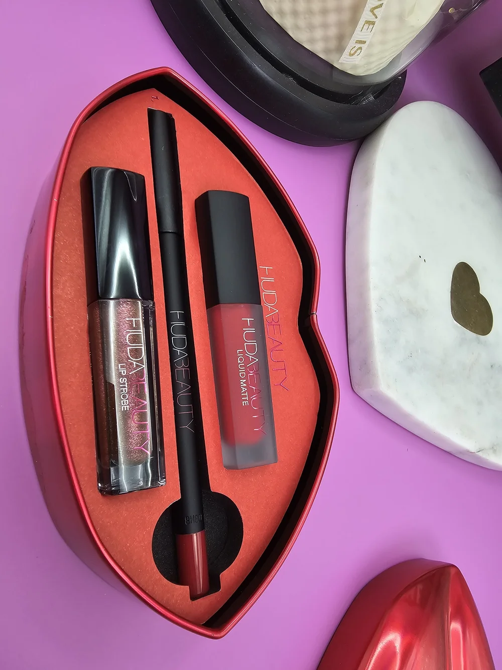 Huda Beauty Lip Kiss Set in Metallic Red — Lipstick, Lip Liner & Gloss